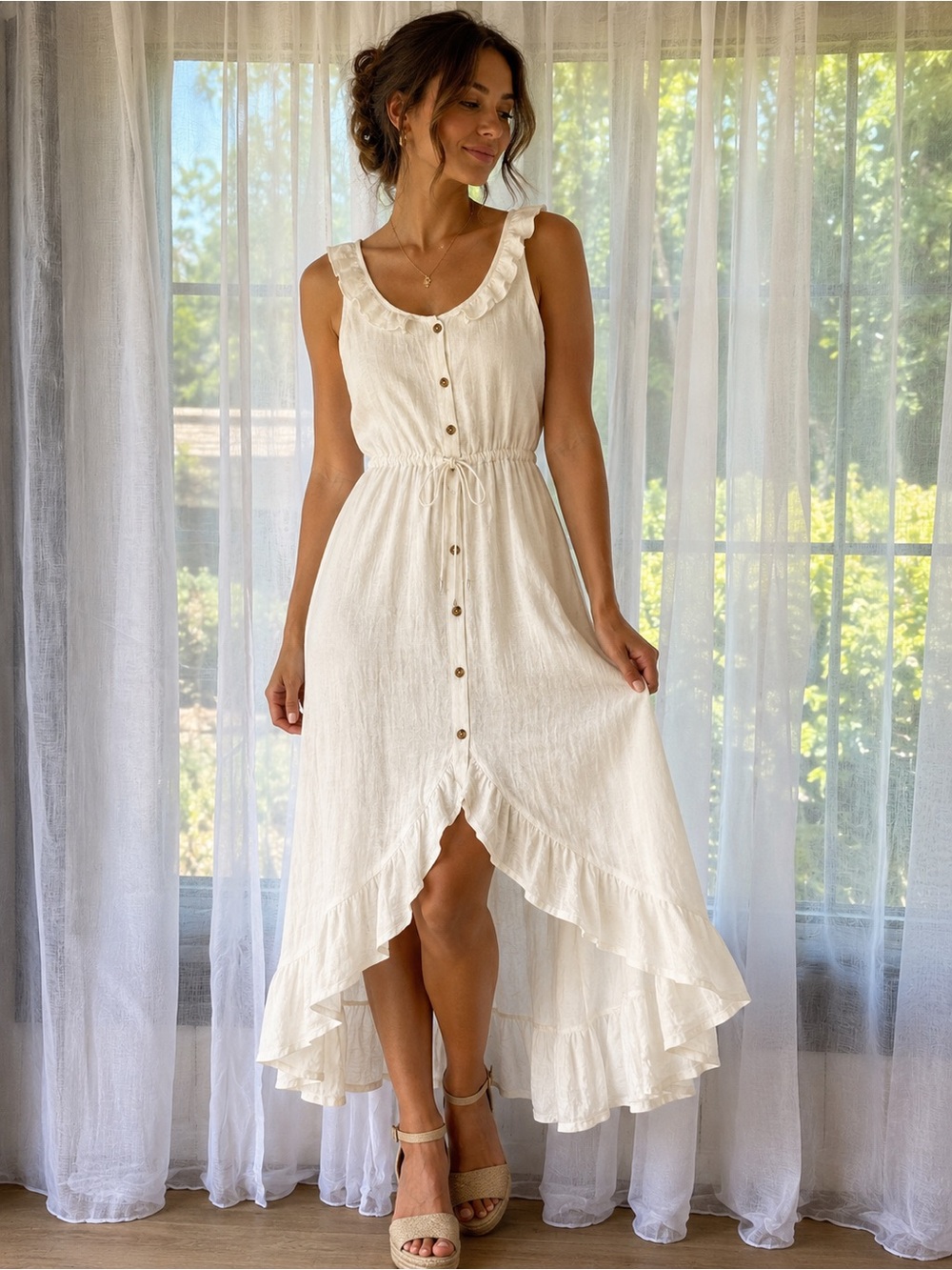 Luxology Cream High Low Midi Dress Women’s Large Boho Cottagecore Button Front